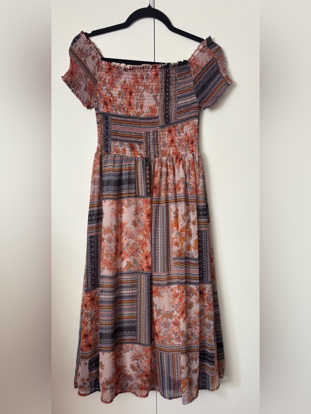 Xhilaration Pink & Orange Floral Patchwork Smocked Midi Dress